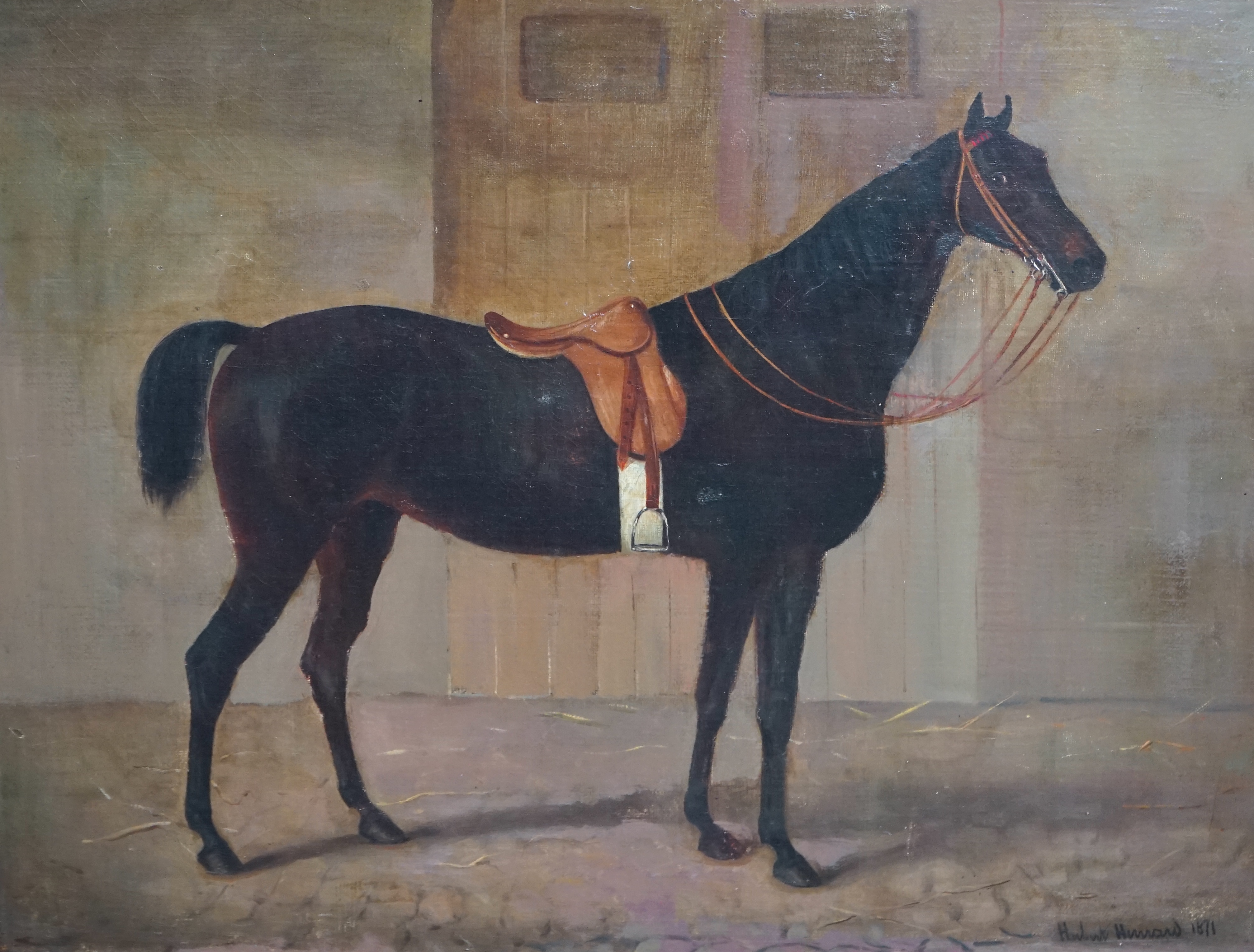 Hubert Henrard (Belgian, 1816-1898), Portrait of a saddled horse in a stable, oil on canvas, 44 x 56cm